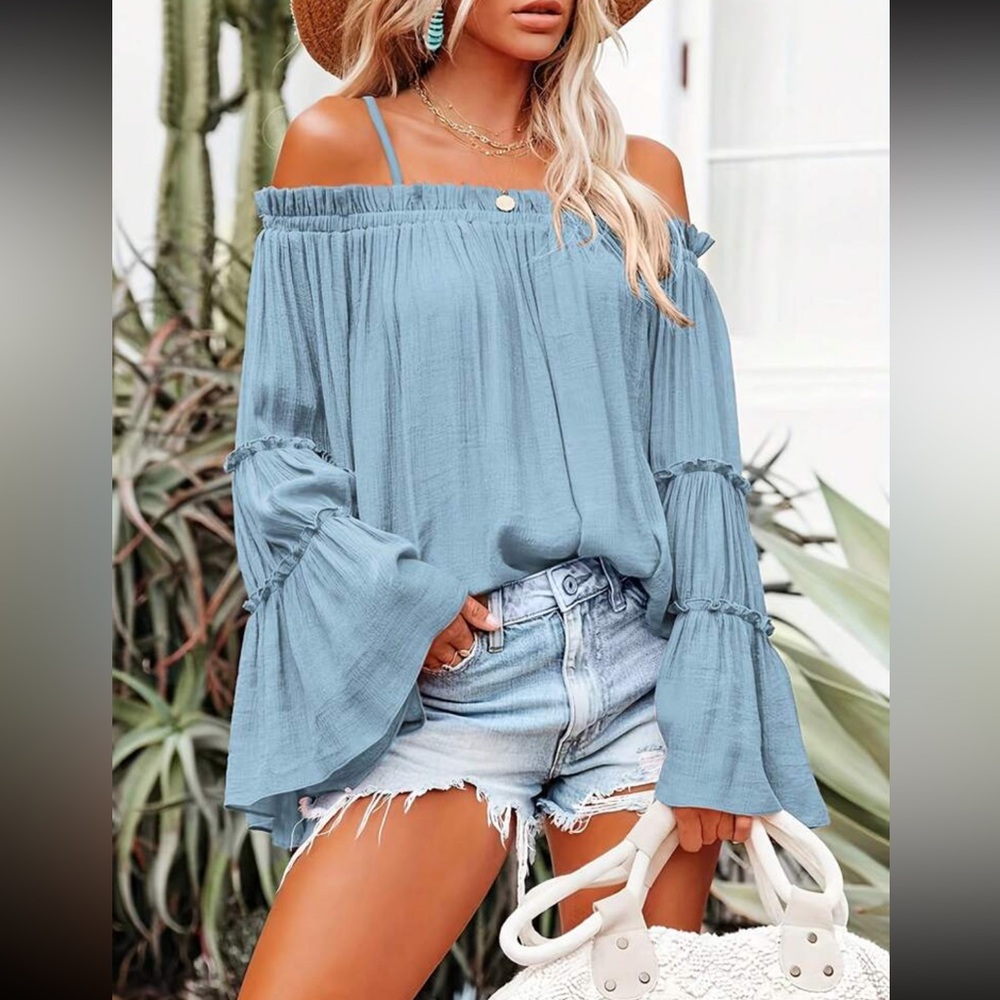 Elegant Off-Shoulder Light Blue Blouse